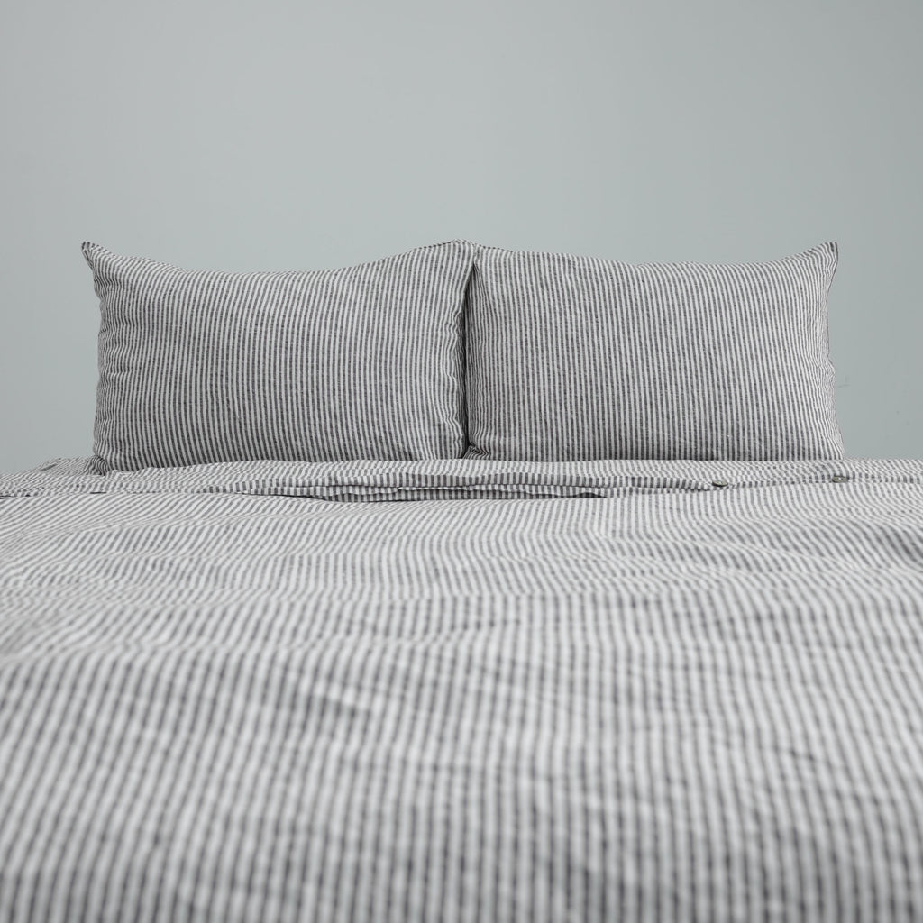Coffee Striped French Linen Duvet Cover+2 Pillowcases Set | Yarn-Dyed | Handmade
