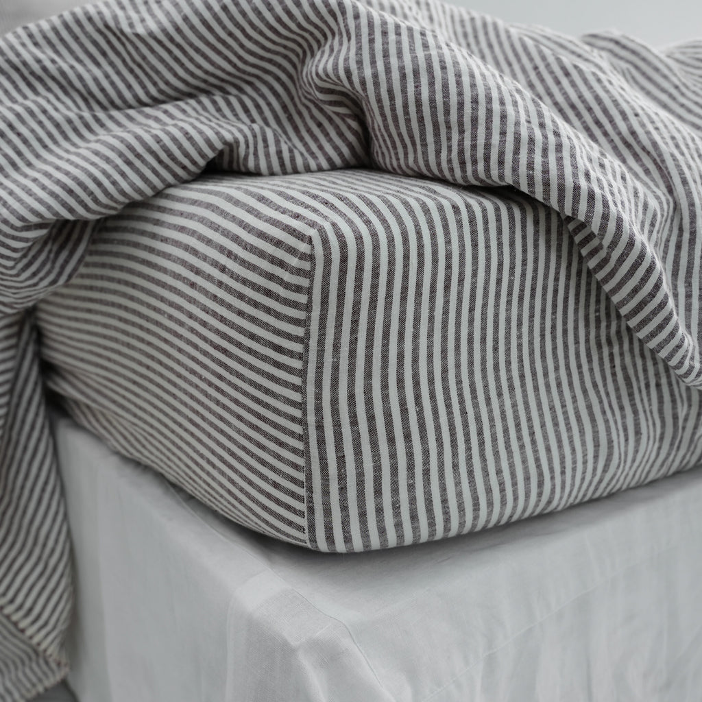 Striped Coffee French Linen Fitted Sheet - Yarn-Dyed Deep Pocket