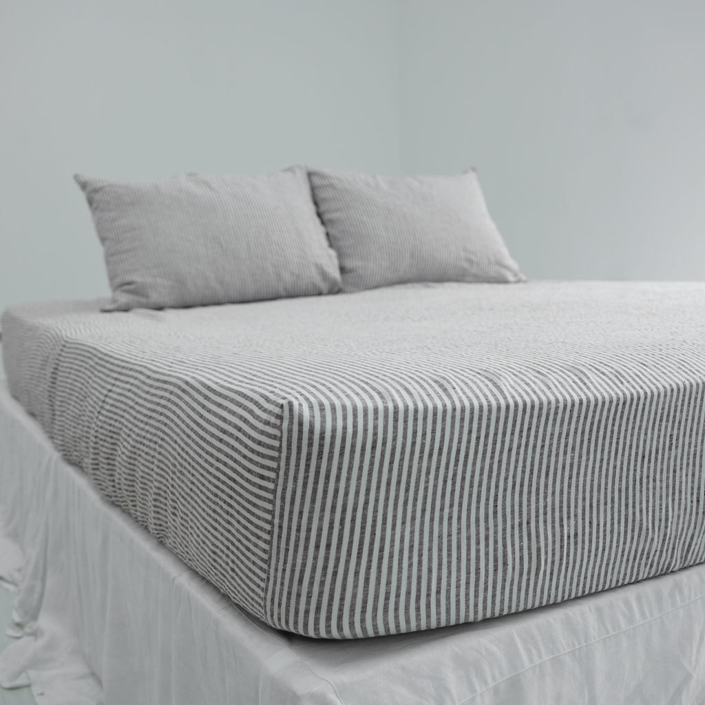 Gray Striped French Linen Top Sheet | 100% Linen Flat Sheet