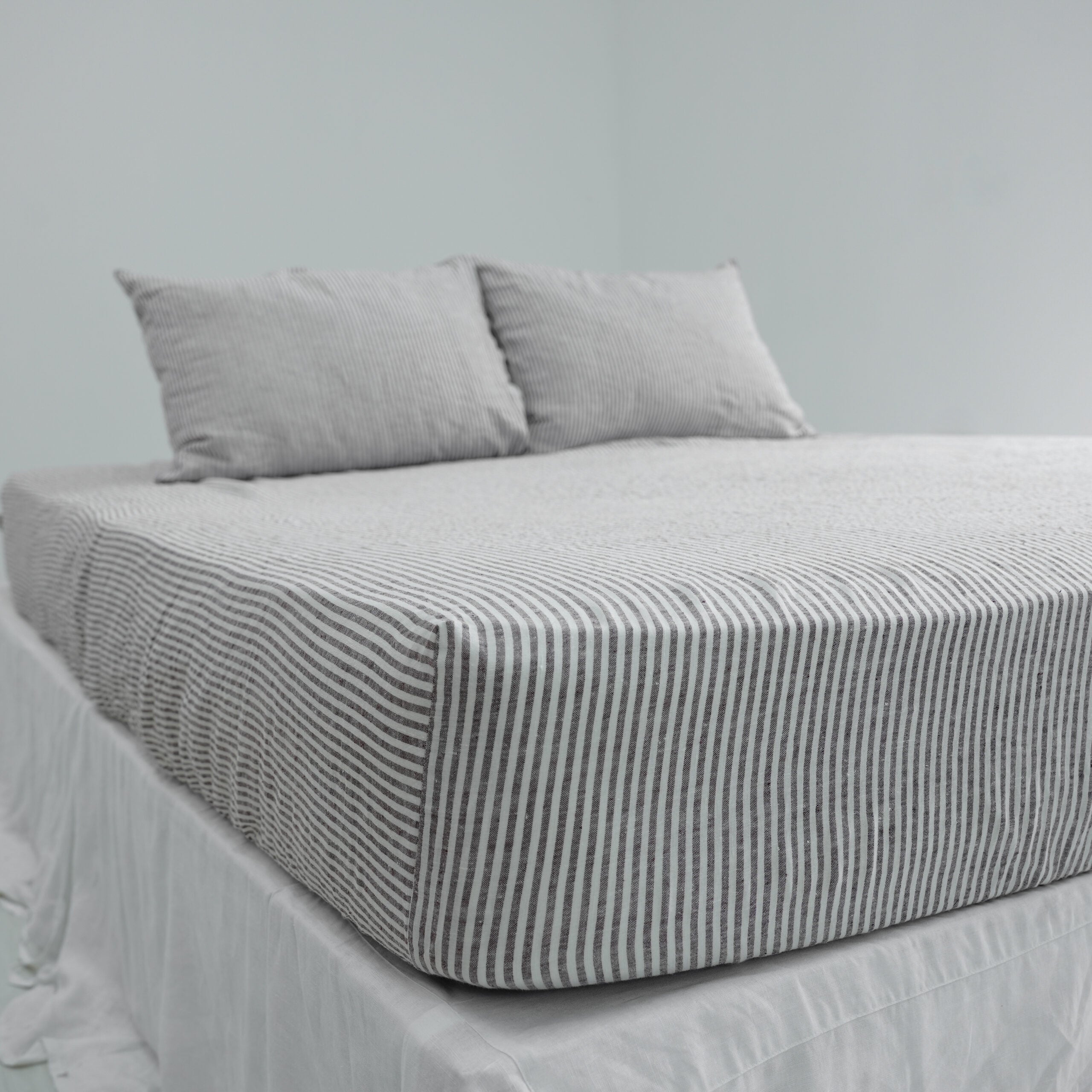 Striped Coffee French Linen Fitted Sheet - Yarn-Dyed Deep Pocket
