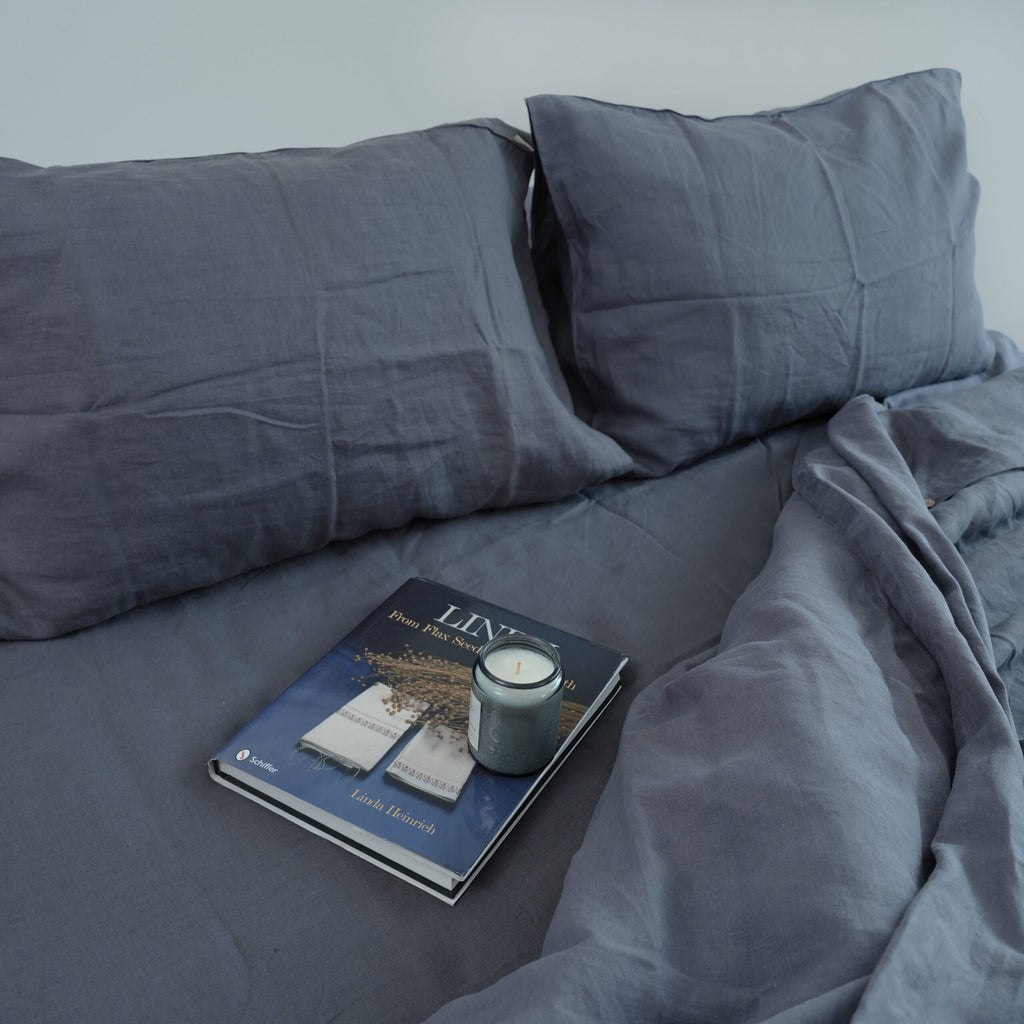 Dark Gray French Linen Fitted Sheet Set - Deep Pocket with 2 Pillowcases
