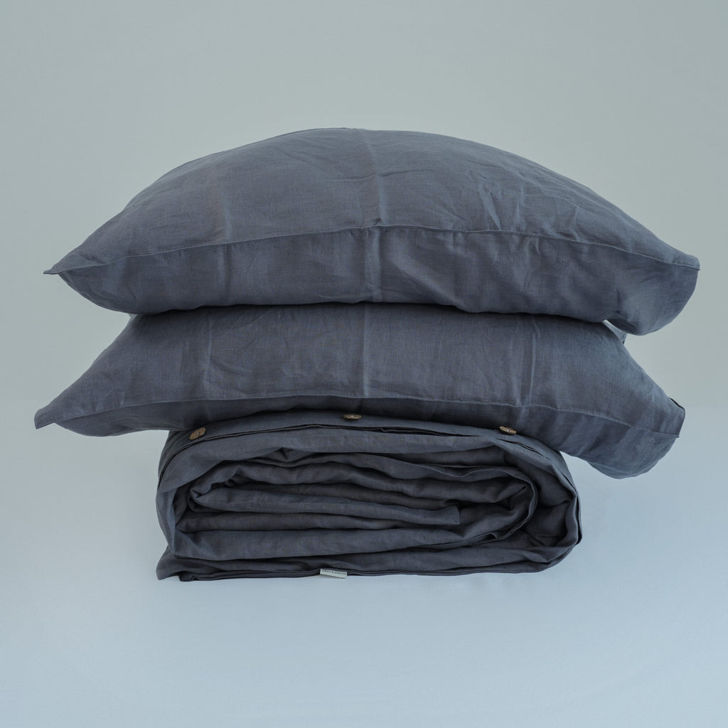 Dark Gray French Linen Fitted Sheet Set - Deep Pocket with 2 Pillowcases