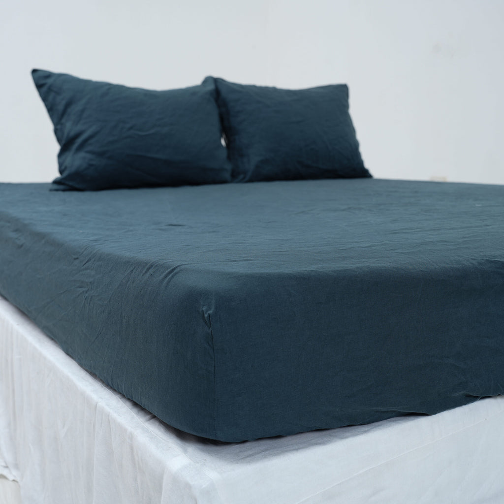 Azure French Linen Duvet Cover+2 Pillowcases Set - Plain Dyeing 36