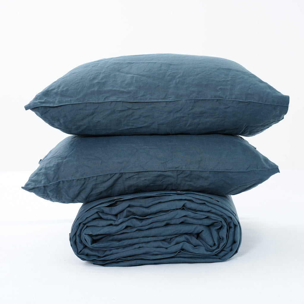 Azure French Linen Duvet Cover+2 Pillowcases Set - Plain Dyeing 36