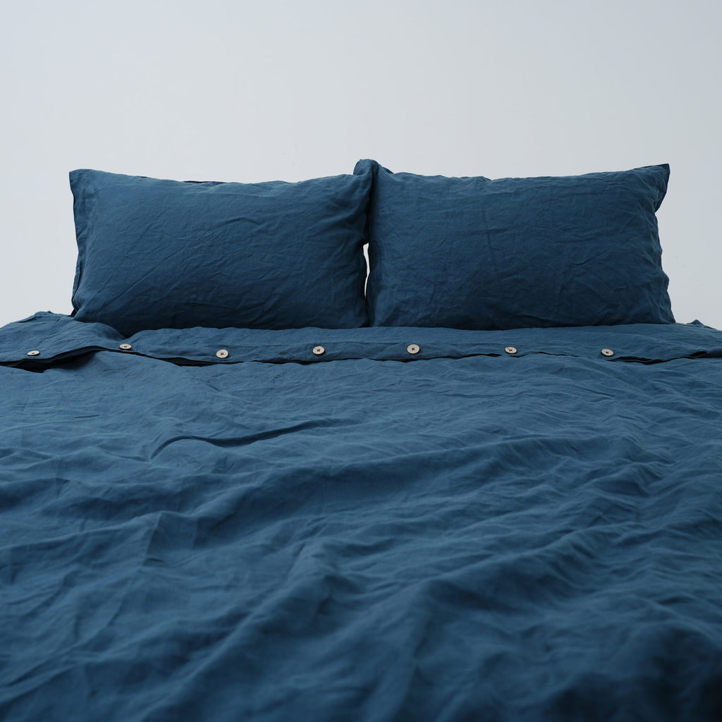 Azure French Linen Duvet Cover+2 Pillowcases Set - Plain Dyeing 36