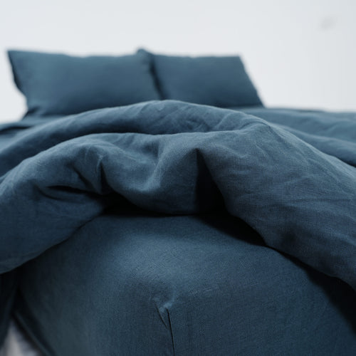 Azure Blue French Linen Fitted Sheet Set - Deep Pocket with 2 Pillowcases