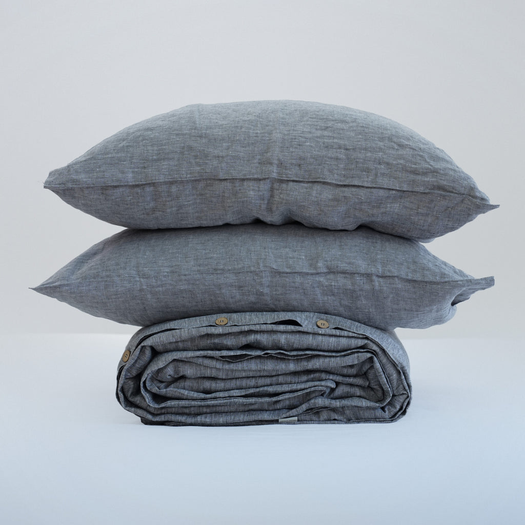 Gray French Linen Duvet Cover+2 Pillowcases Set | Yarn-Dyed | Handmade