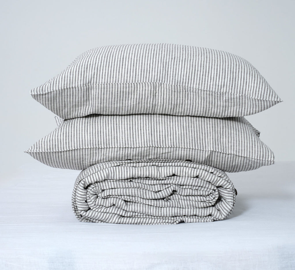 Grey Striped  French Linen Flat Sheet | 100% Linen Flat Sheet