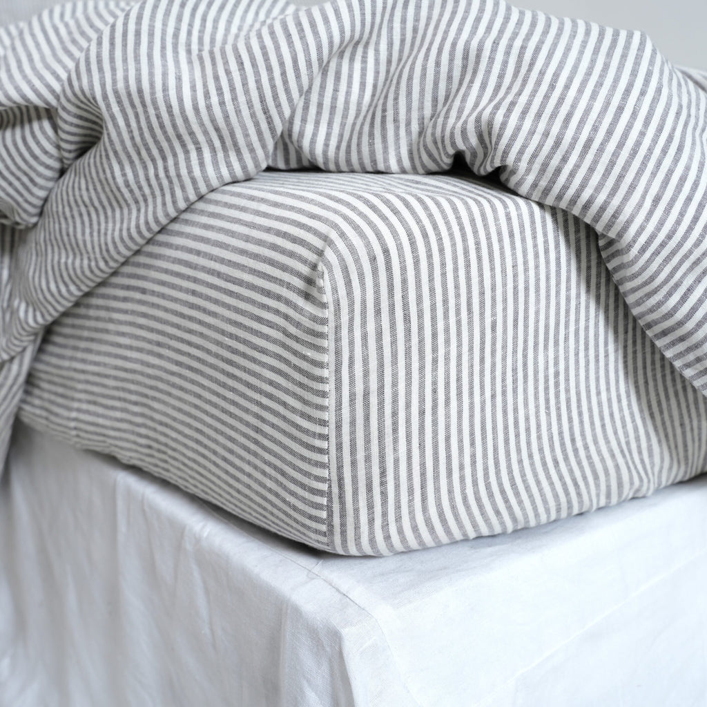 Grey Striped  French Linen Flat Sheet | 100% Linen Flat Sheet