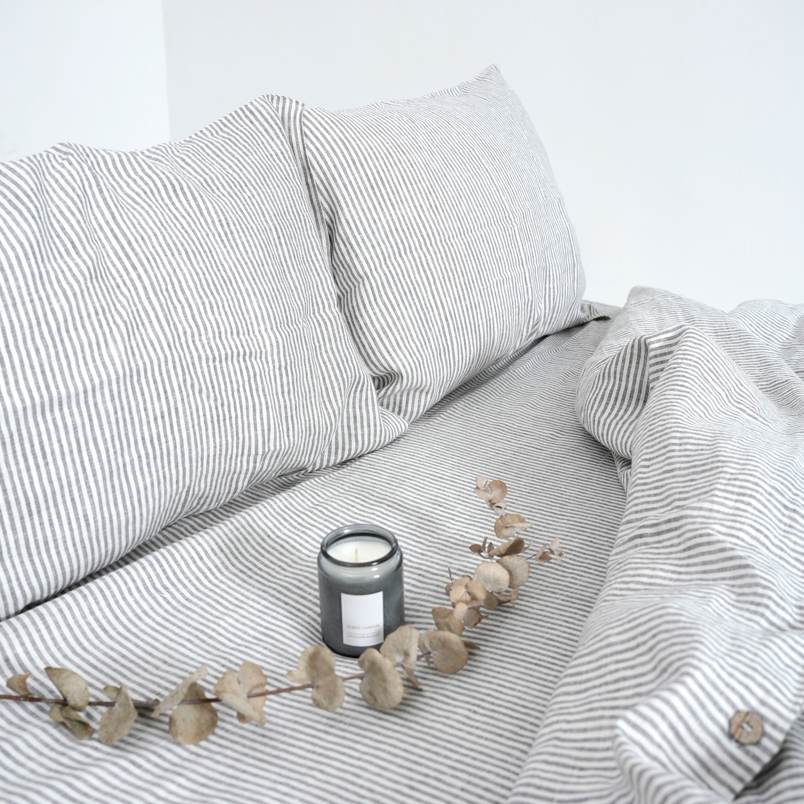 Grey Striped  French Linen Flat Sheet | 100% Linen Flat Sheet