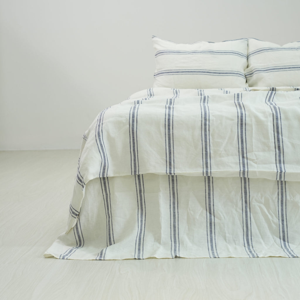 Ivory Navy Striped French Linen Flat Sheet | 100% Linen Flat Sheet