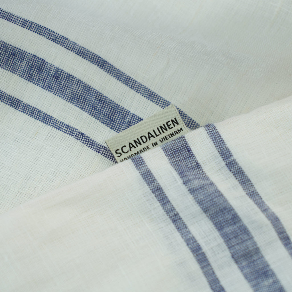 Ivory Navy Striped French Linen Flat Sheet | 100% Linen Flat Sheet