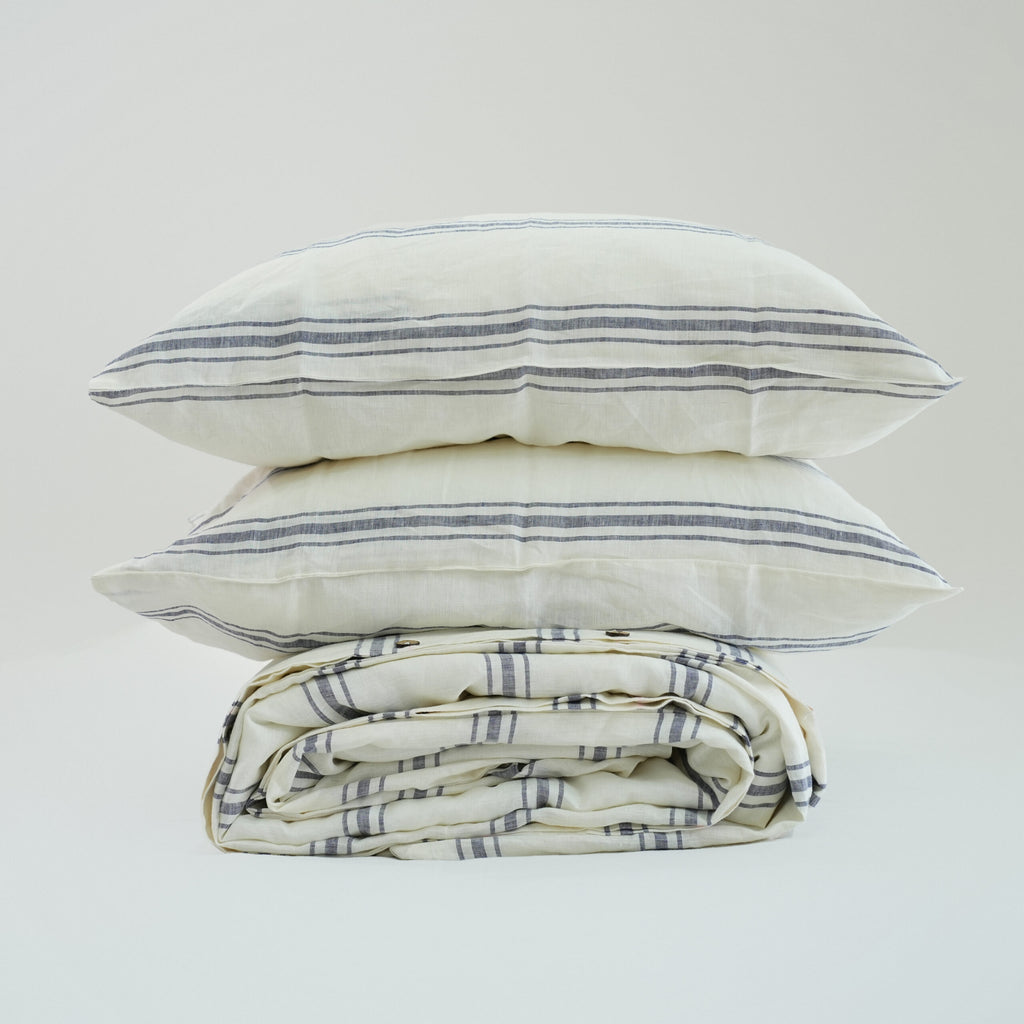 Ivory Navy Striped French Linen Flat Sheet | 100% Linen Flat Sheet