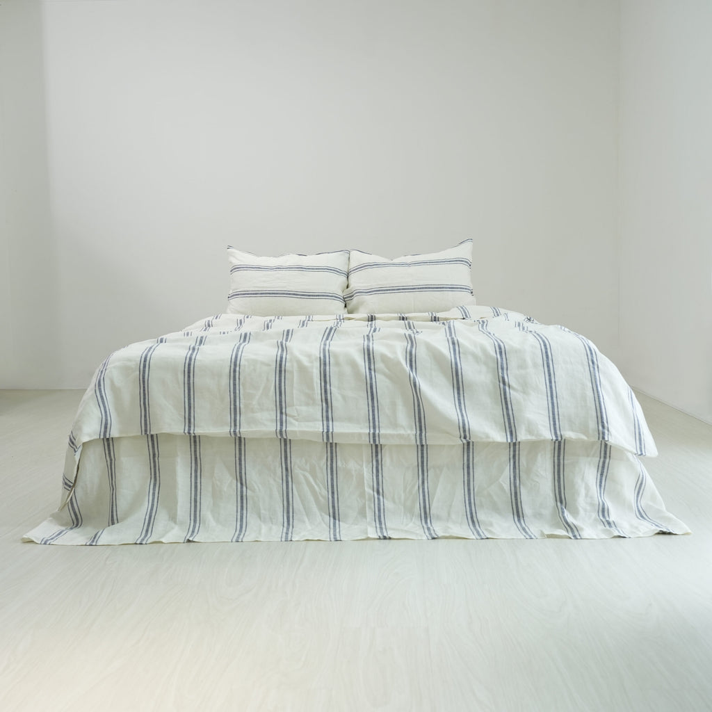 Ivory Navy Striped French Linen Flat Sheet | 100% Linen Flat Sheet