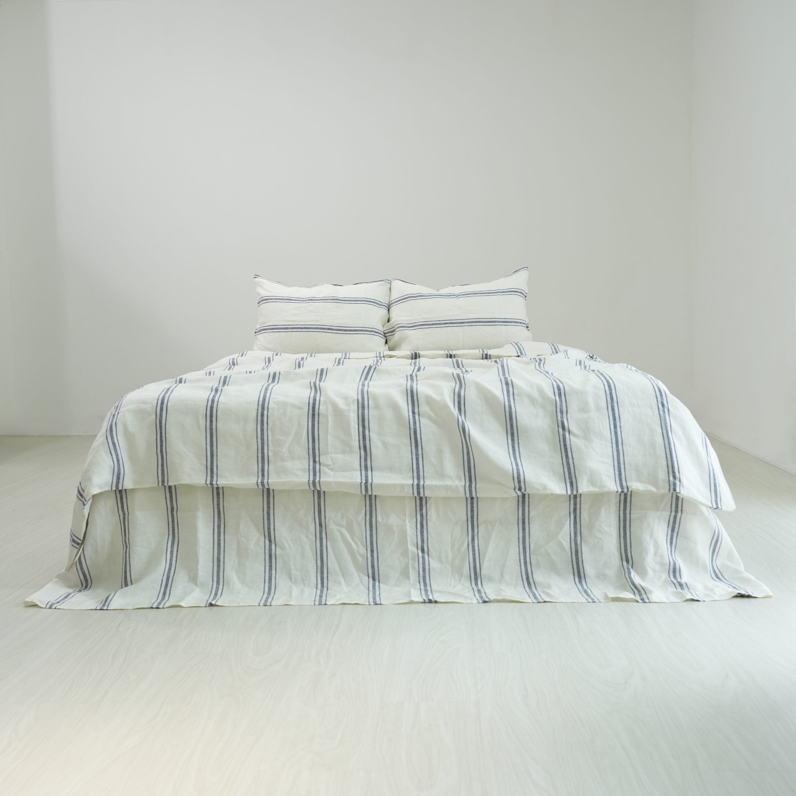Ivory Navy Striped French Linen Flat Sheet | 100% Linen Flat Sheet