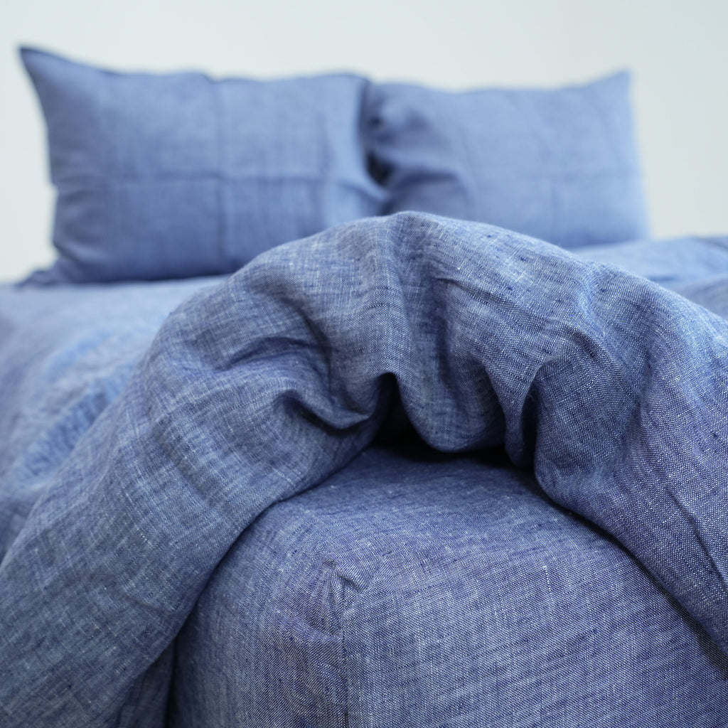 Jean Blue French Linen Fitted Sheet Set - Yarn-Dyed with 2 Pillowcases
