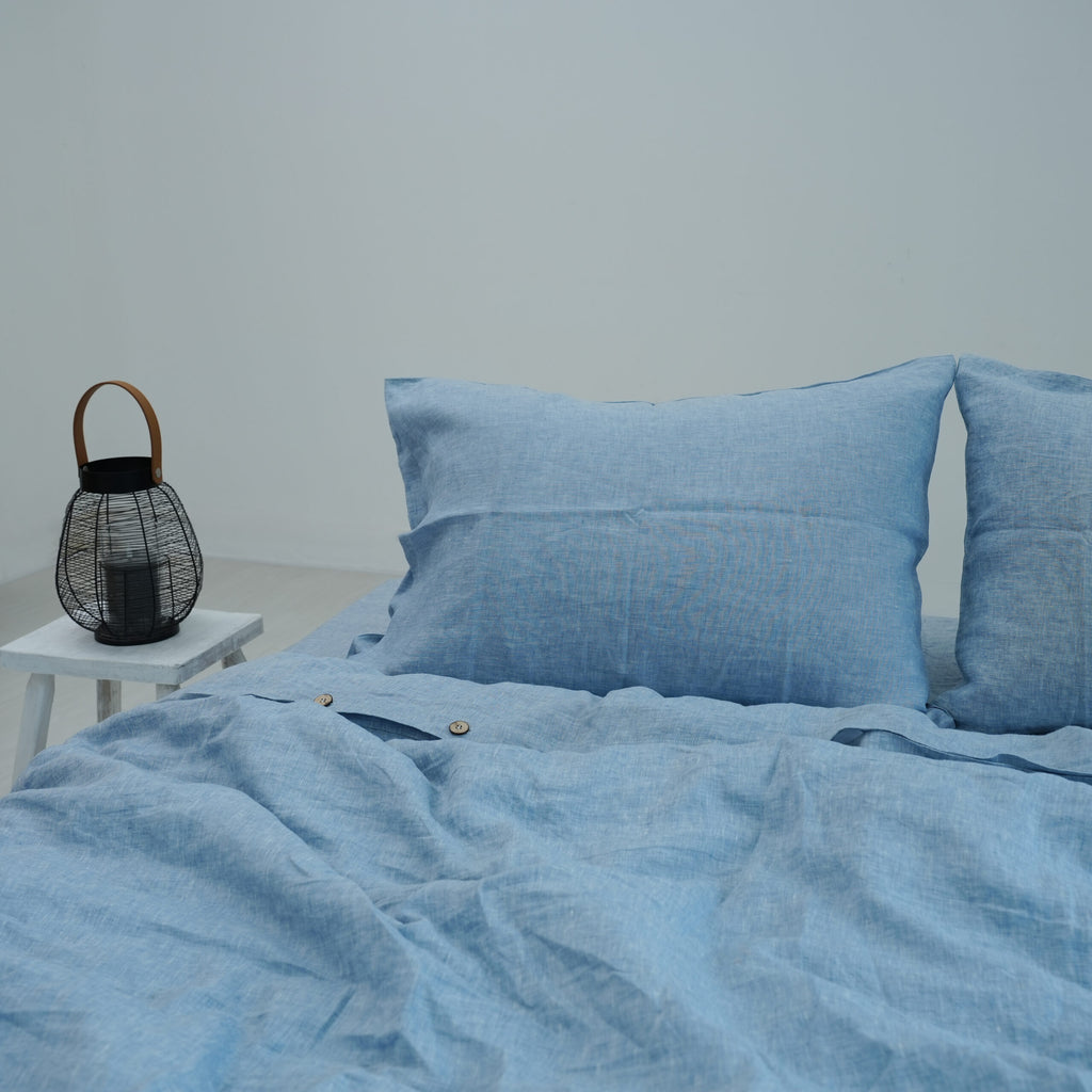 Blue French Linen Fitted Sheet Set - Yarn-Dyed with 2 Pillowcases