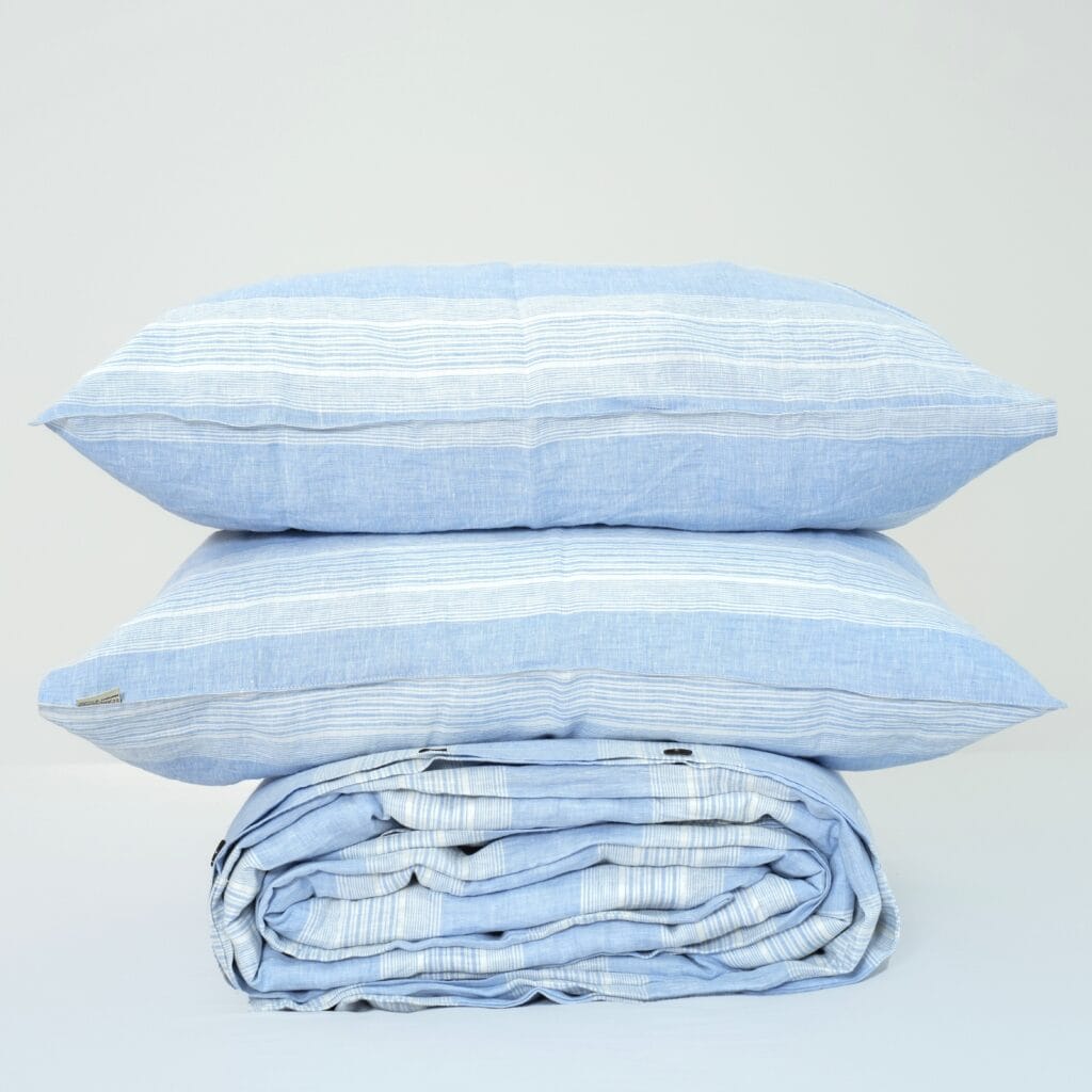 Blue Striped French Linen Pillowcase | Yarn-Dyed | Handmade