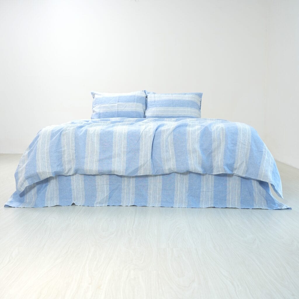 Blue Striped French Linen Duvet Cover+2 Pillowcases Set - Yarn Dyeing 60