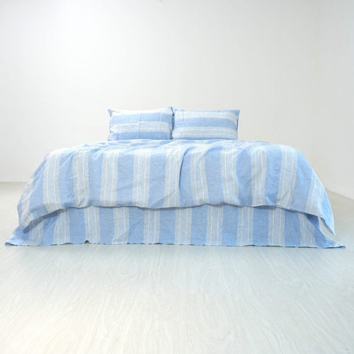 Blue Striped French Linen Duvet Cover+2 Pillowcases Set - Yarn Dyeing 60