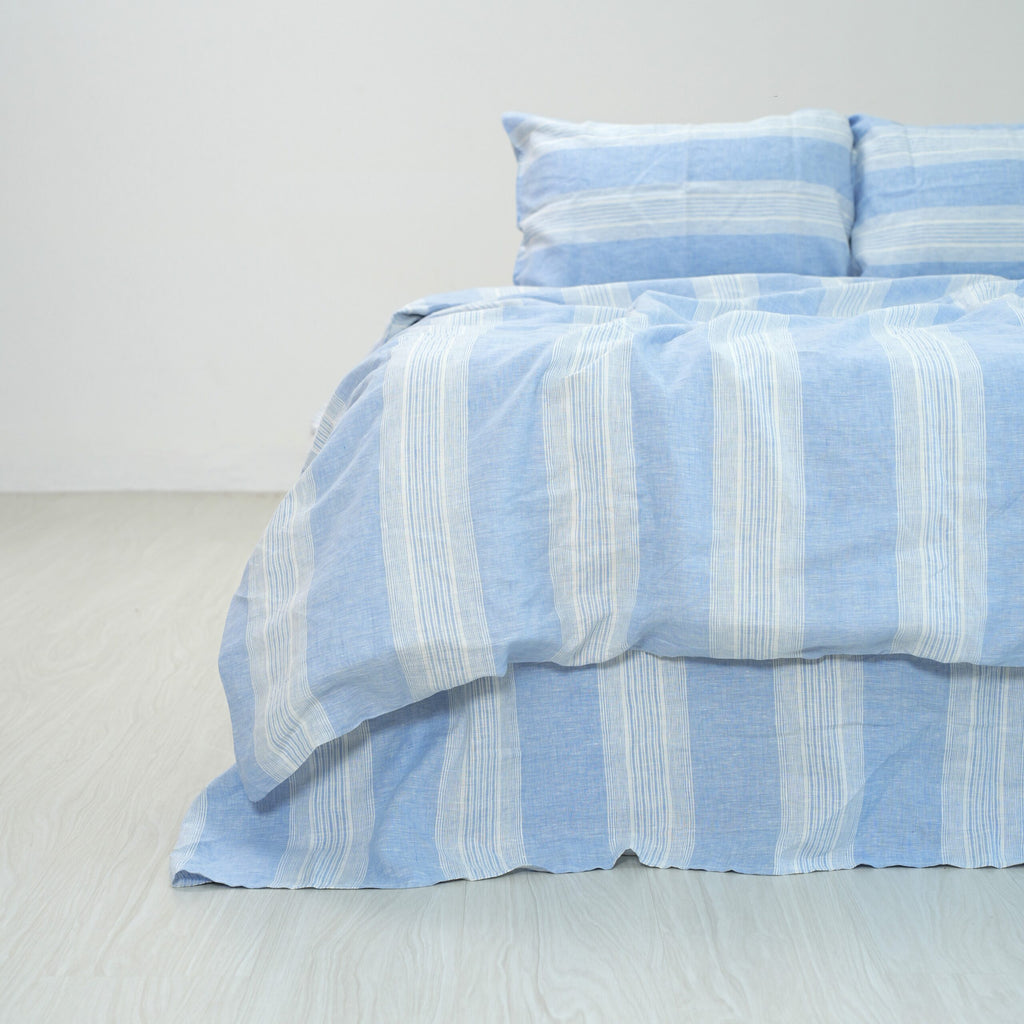 Striped Blue French Linen Fitted Sheet Set - Yarn-Dyed with 2 Pillowcases