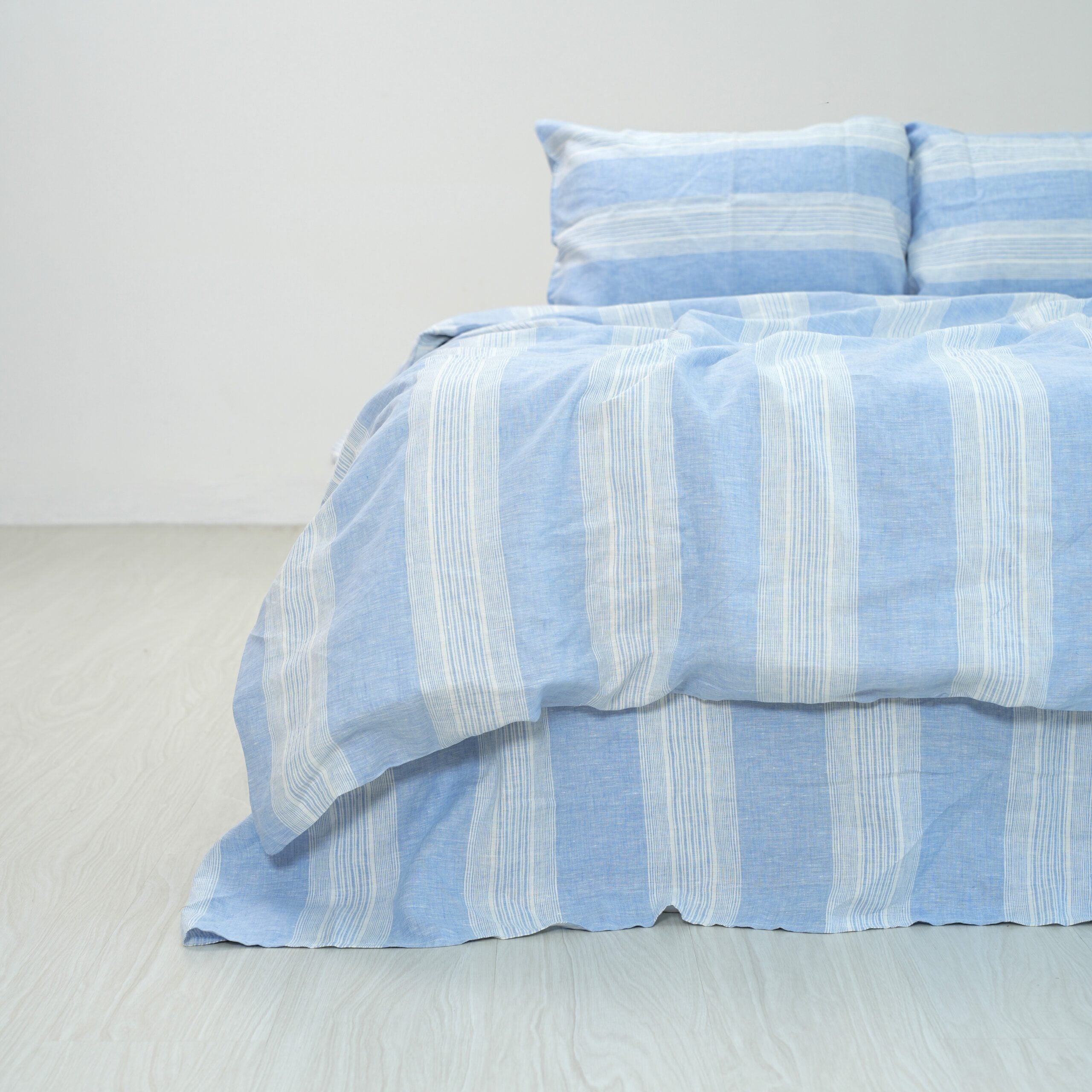 Blue Striped French Linen Duvet Cover+2 Pillowcases Set - Yarn Dyeing 60