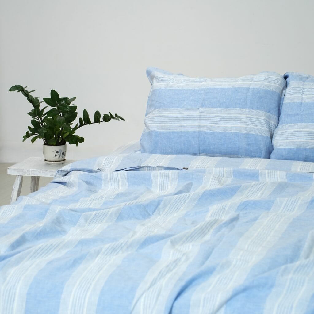 Blue Striped French Linen Duvet Cover+2 Pillowcases Set - Yarn Dyeing 60
