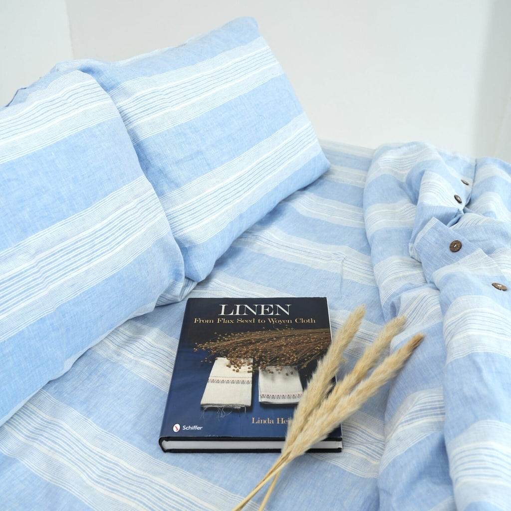 Blue Striped French Linen Pillowcase | Yarn-Dyed | Handmade