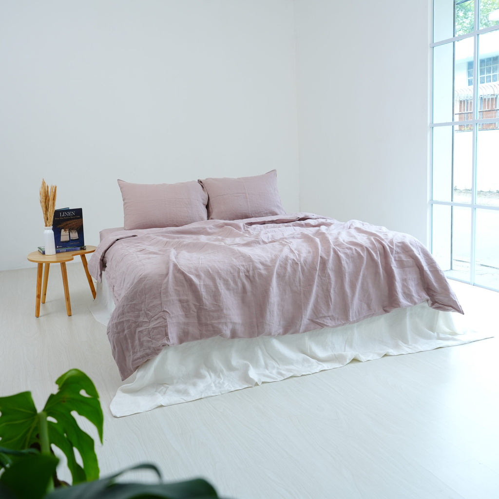 Misty Pink French Linen Duvet Cover Set - Soft & Breathable 4-Piece
