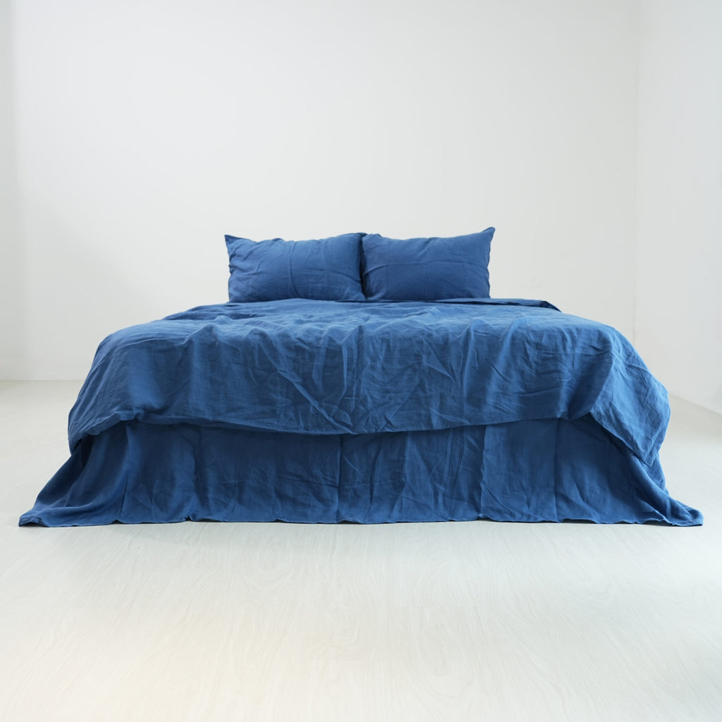 Navy French Linen Duvet Cover+2 Pillowcases Set - Plain Dyeing 12