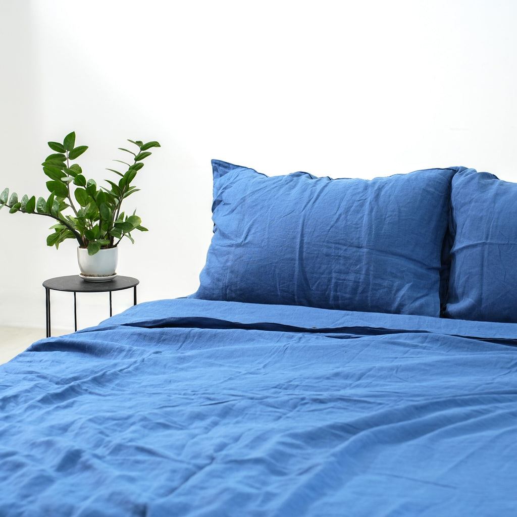 Navy French Linen Duvet Cover+2 Pillowcases Set - Plain Dyeing 12