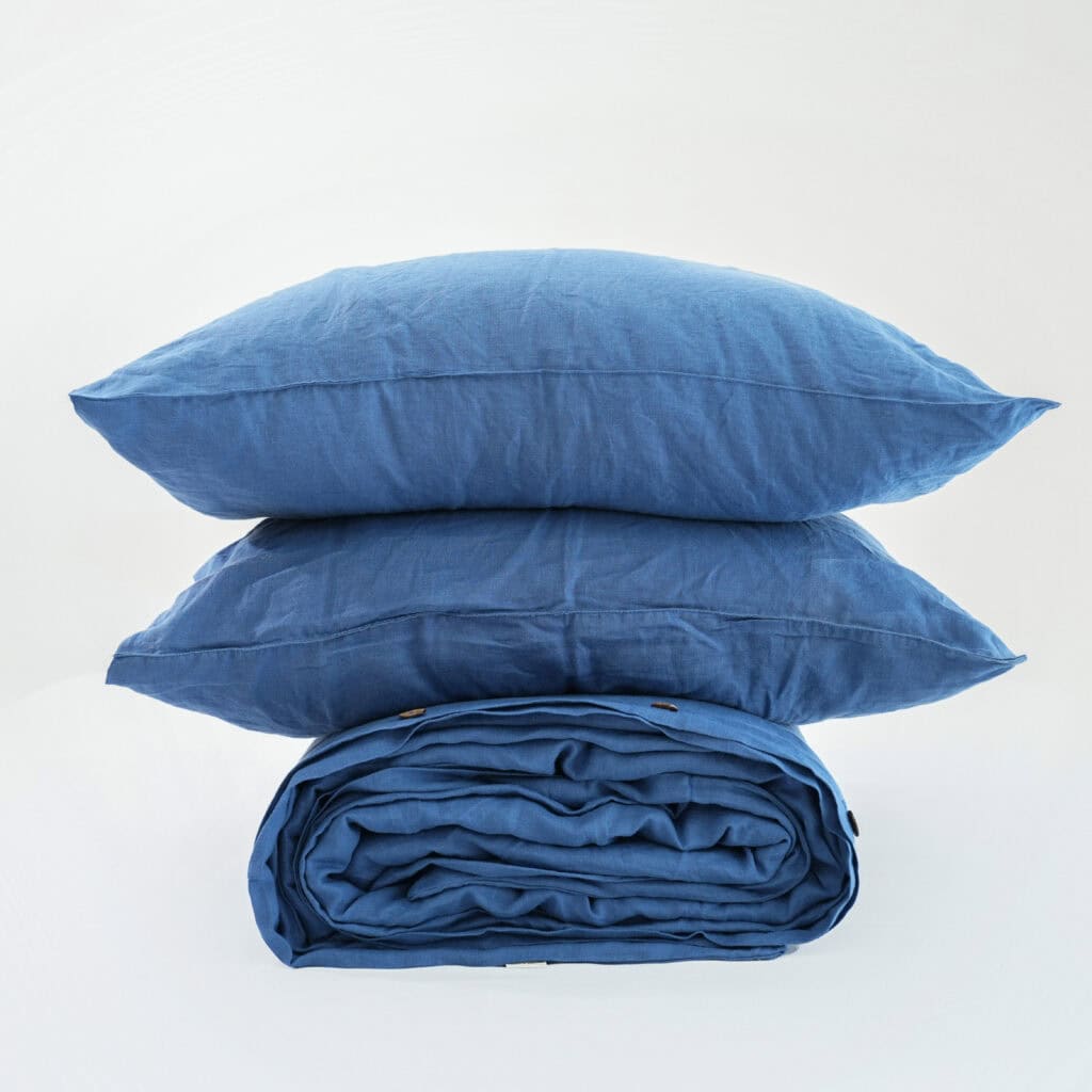 Navy French Linen Duvet Cover+2 Pillowcases Set - Plain Dyeing 12