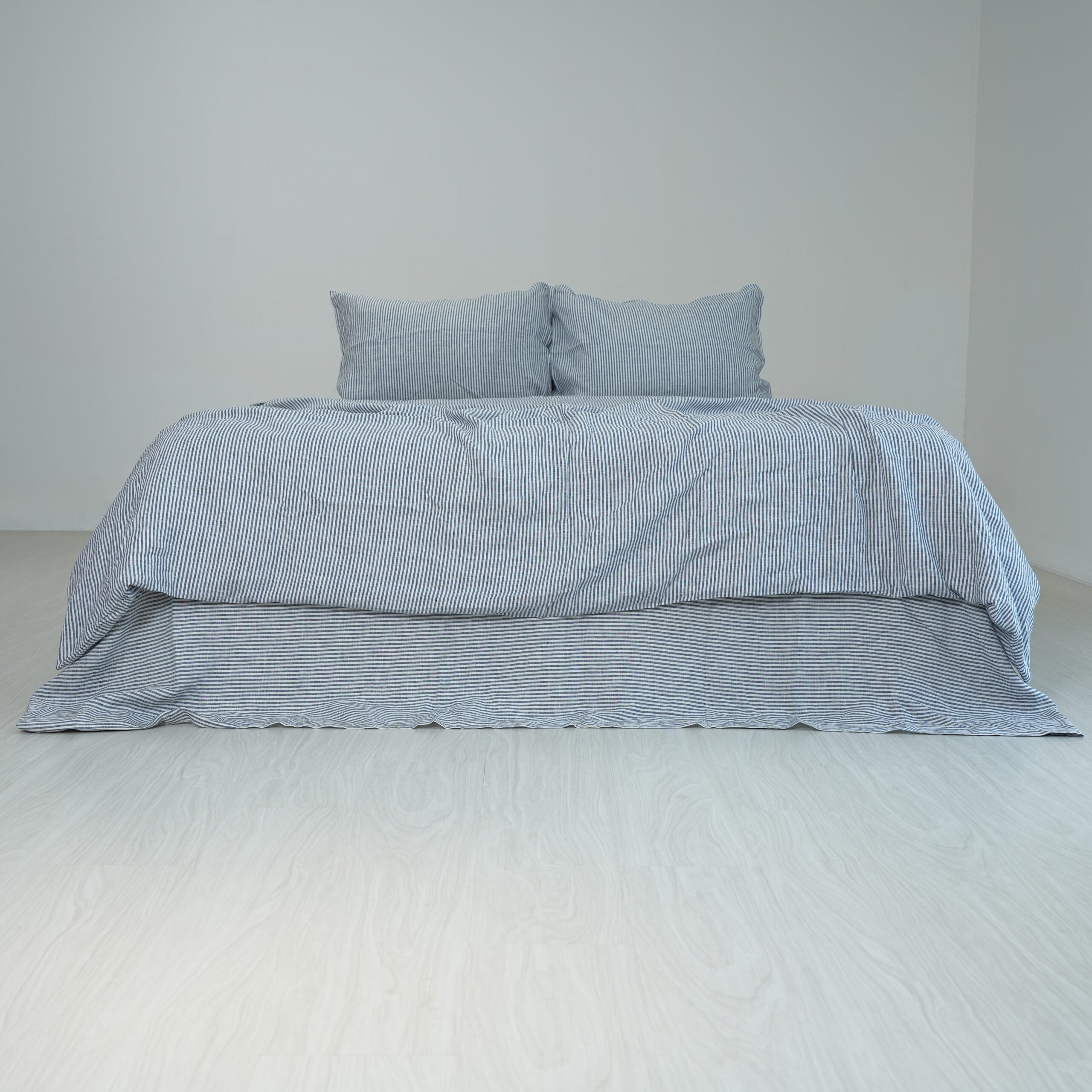 Navy Striped French Linen Duvet Cover+2 Pillowcases Set | Yarn-Dyed | Handmade