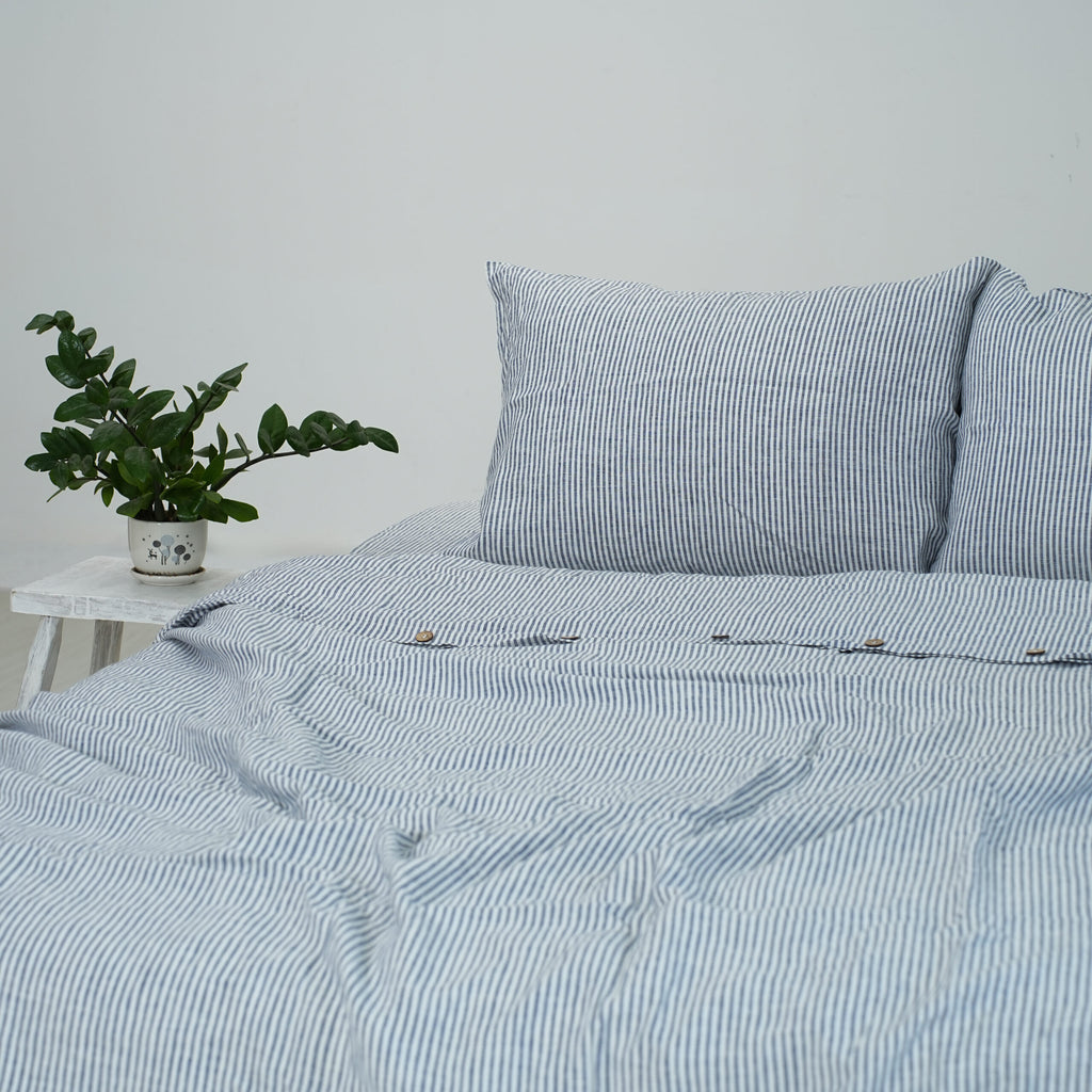 Navy Striped French Linen Top Sheet | 100% Linen Flat Sheet
