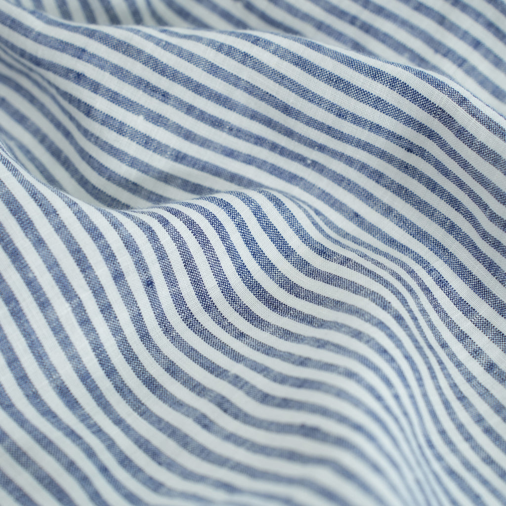 Striped Navy French Linen Fitted Sheet Set - Yarn-Dyed with 2 Pillowcases
