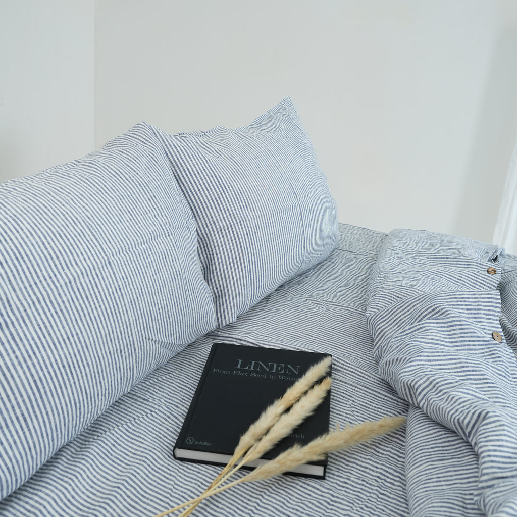 Navy Striped French Linen Duvet Cover+2 Pillowcases Set | Yarn-Dyed | Handmade