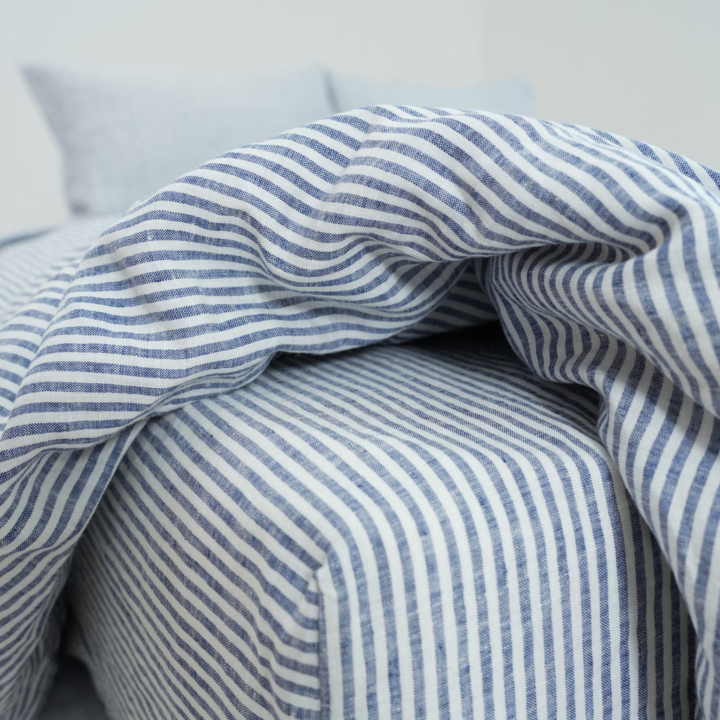Navy Striped French Linen Top Sheet | 100% Linen Flat Sheet