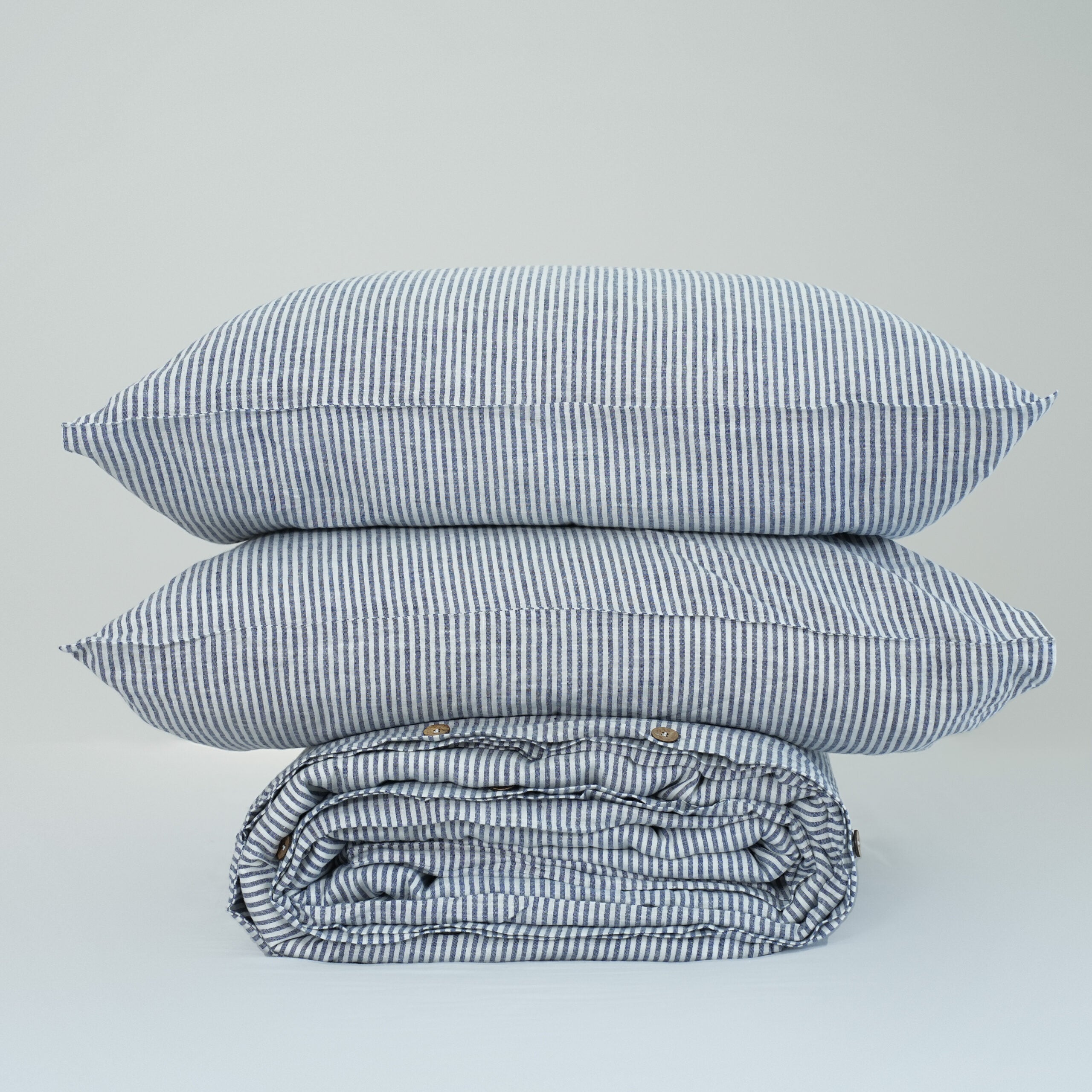 Navy Striped French Linen Duvet Cover+2 Pillowcases Set | Yarn-Dyed | Handmade