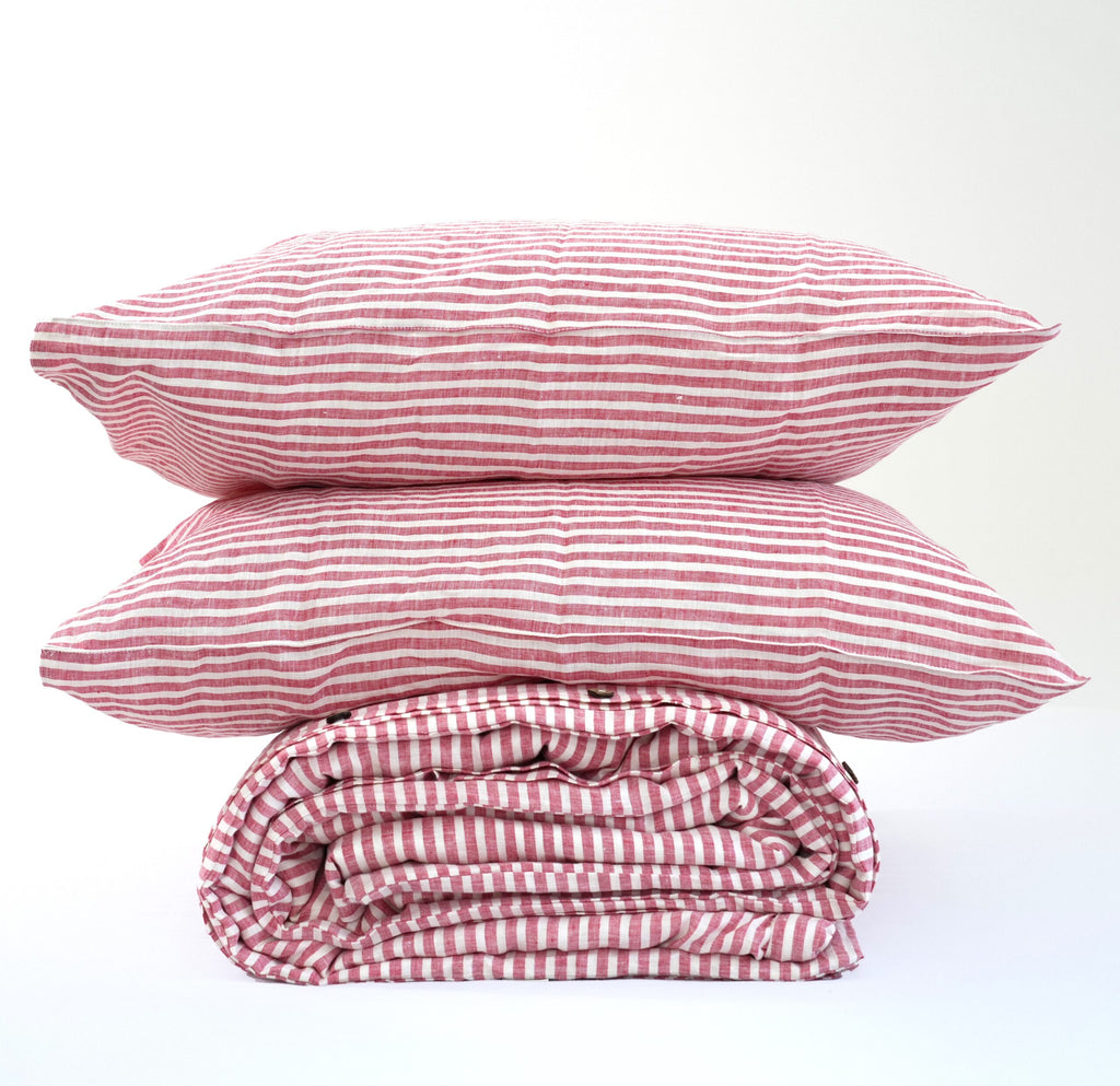 Red Striped French Linen Duvet Cover+2 Pillowcases Set | Yarn-Dyed | Handmade