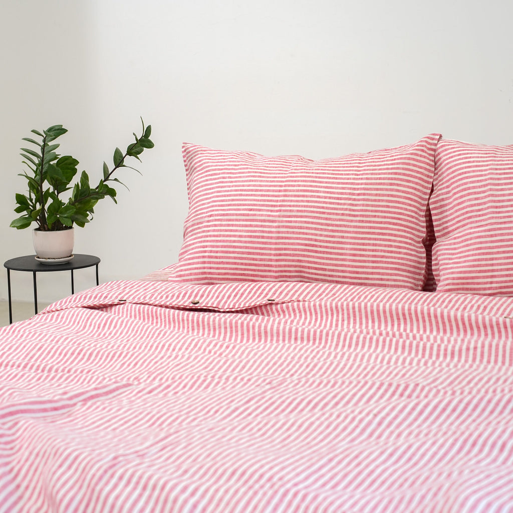 Red Striped French Linen Pillowcase | Yarn-Dyed | Handmade