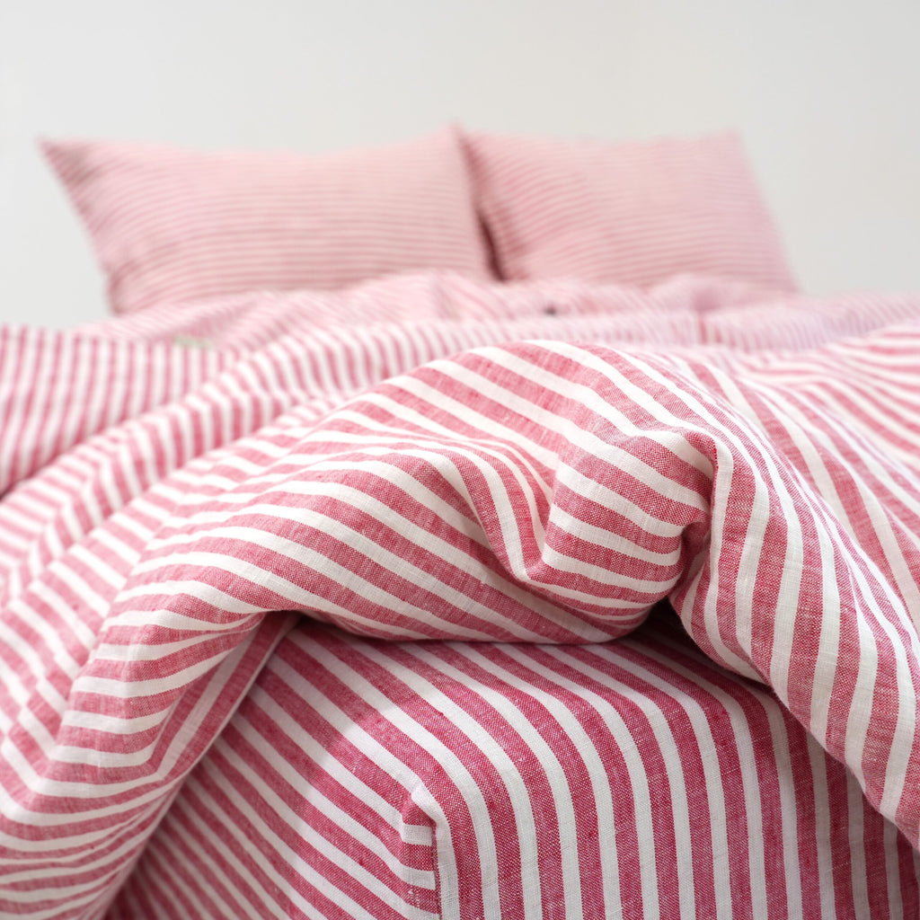 Red Striped French Linen Pillowcase | Yarn-Dyed | Handmade