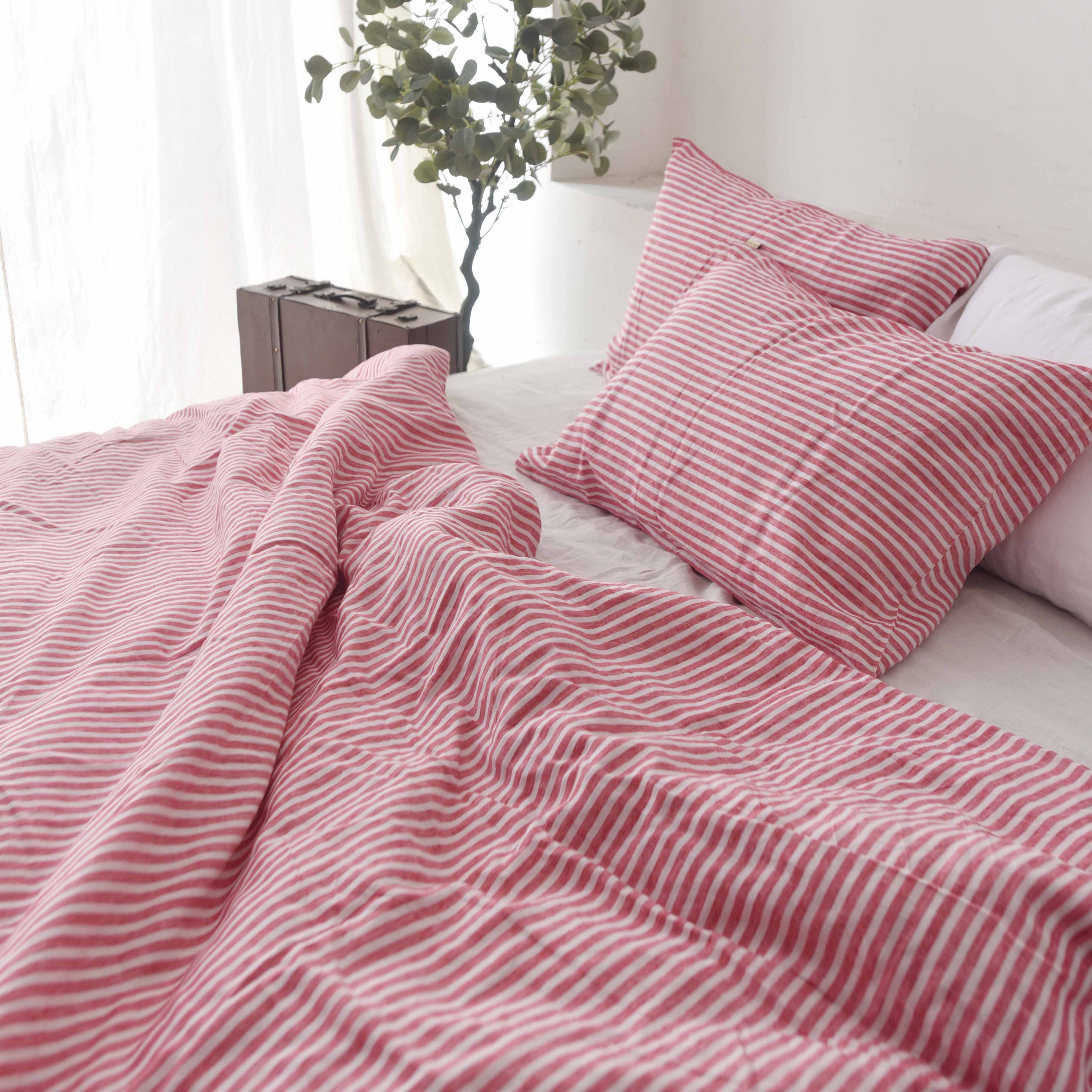 Red Striped French Linen Pillowcase | Yarn-Dyed | Handmade