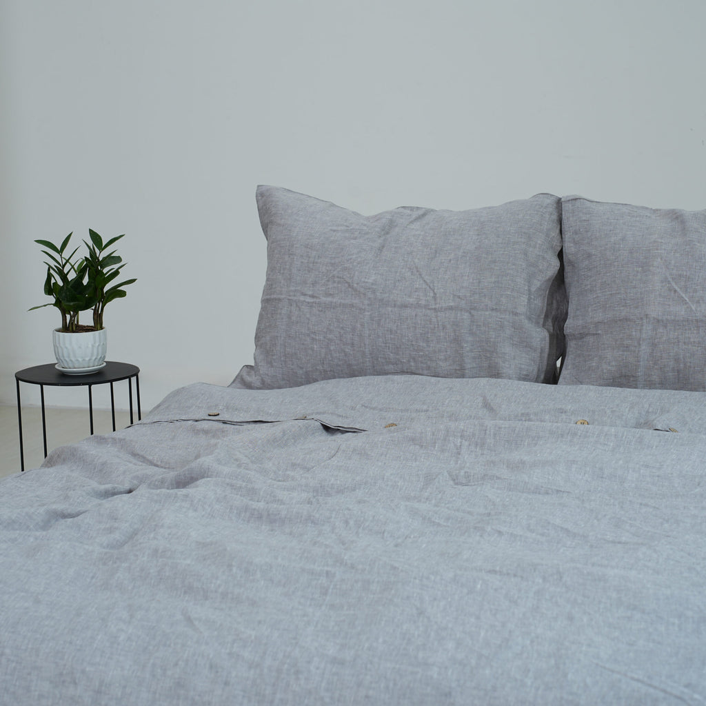 Light Gray French Linen Duvet Cover+2 Pillowcases Set | Yarn-Dyed | Handmade
