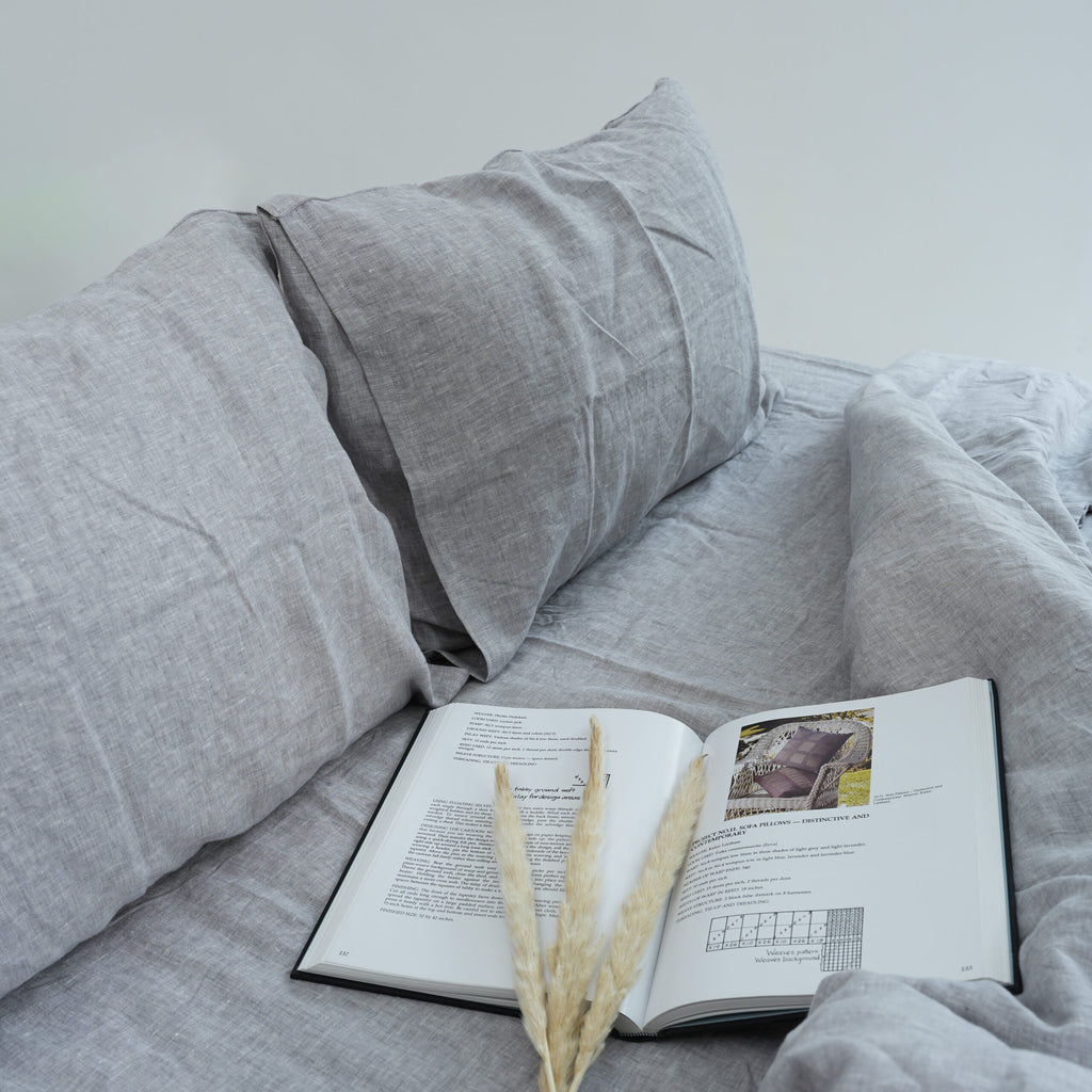 Gray French Linen Fitted Sheet Set - Yarn-Dyed with 2 Pillowcases