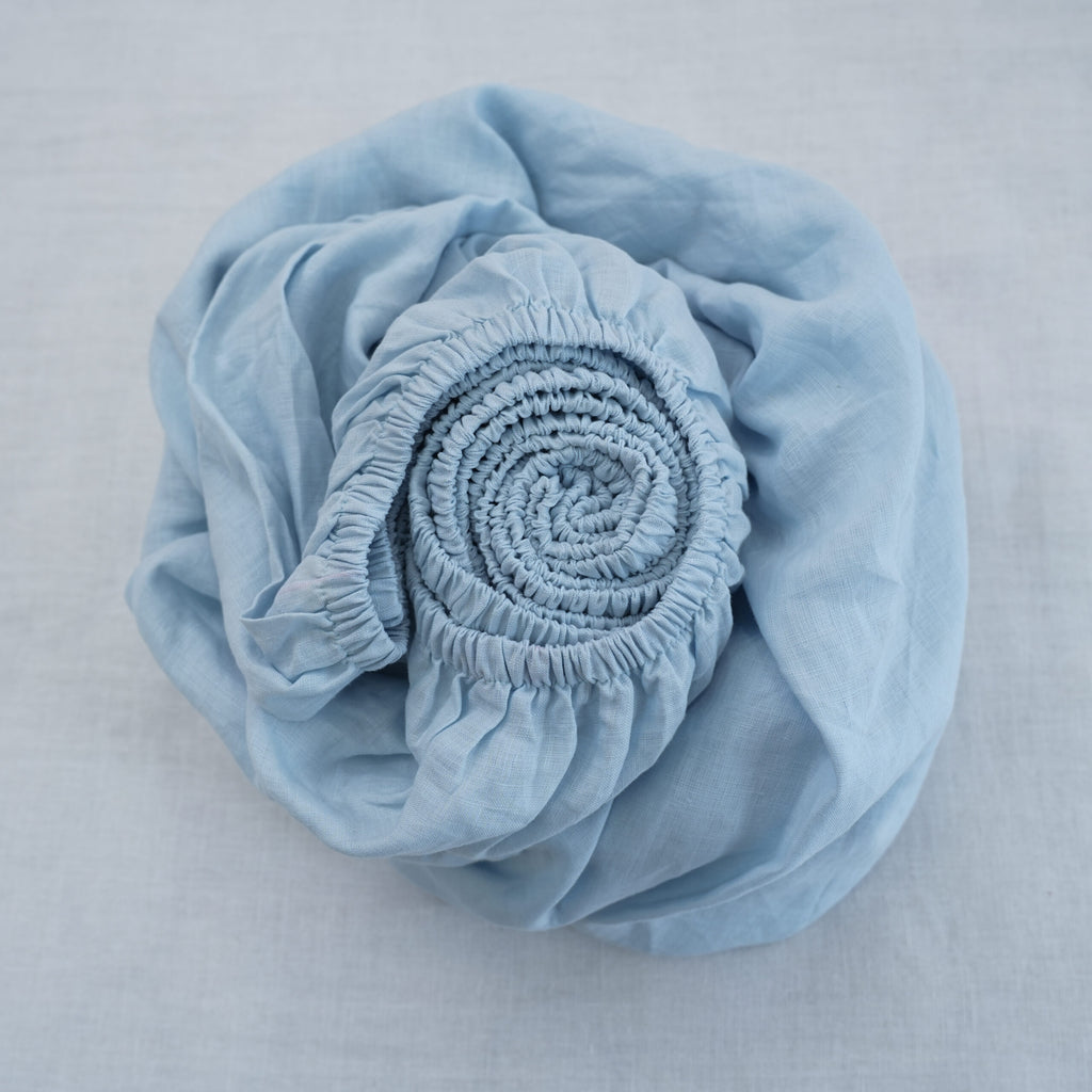Sky Blue French Linen Fitted Sheet Set - Deep Pocket with 2 Pillowcases
