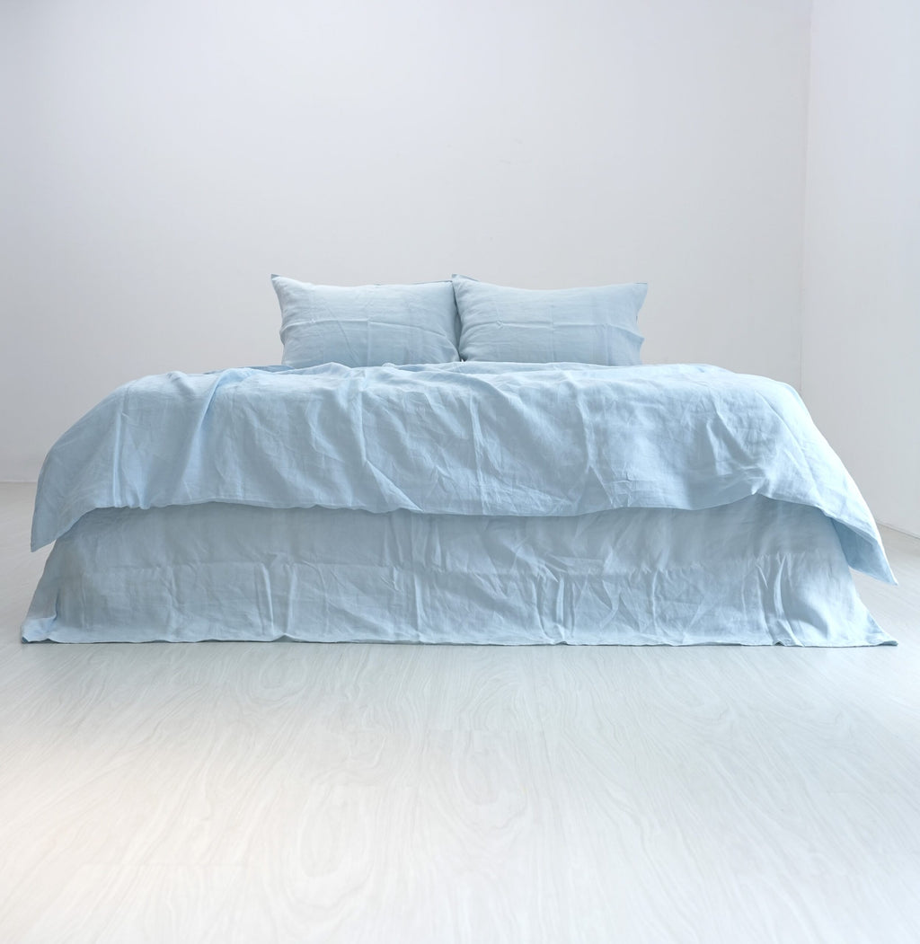 Sky Blue French Linen Fitted Sheet Set - Deep Pocket with 2 Pillowcases