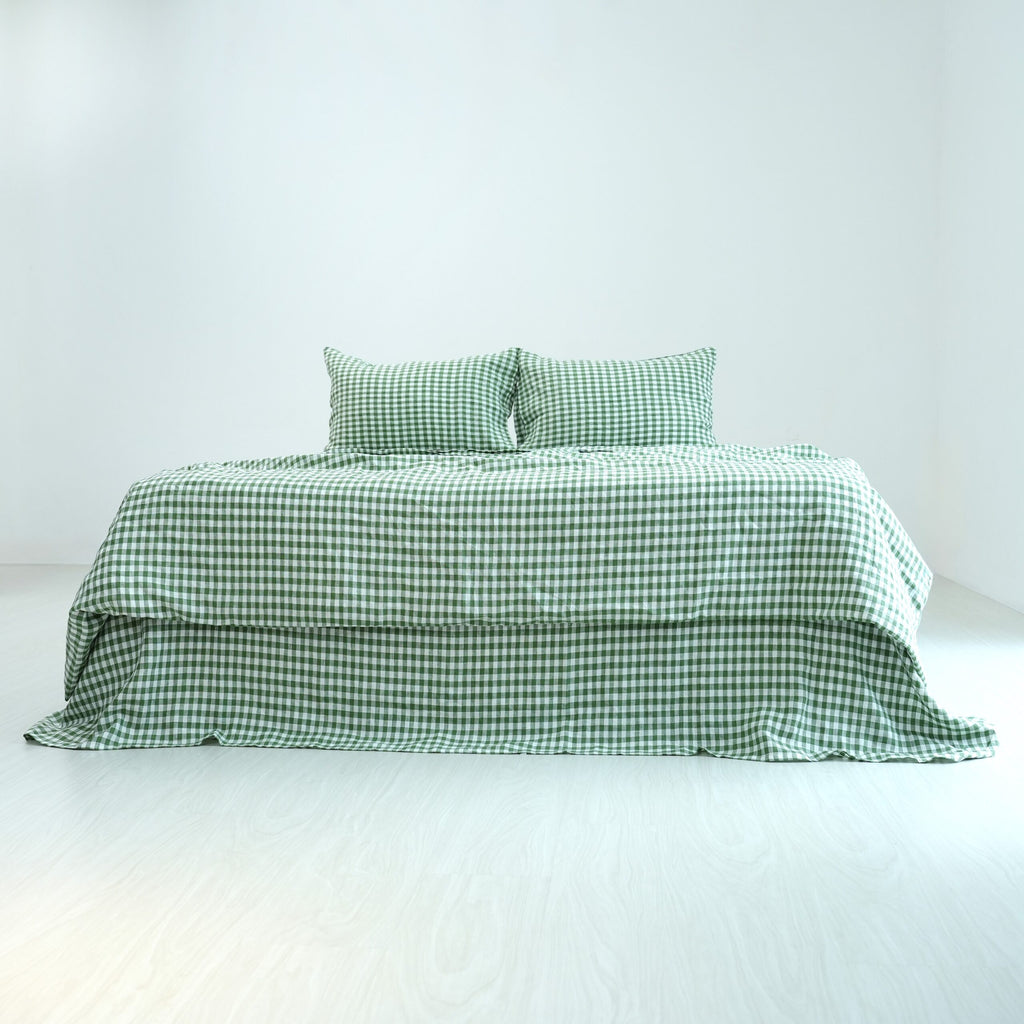 Small Grid Green French Linen Flat Sheet | 100% Linen Flat Sheet