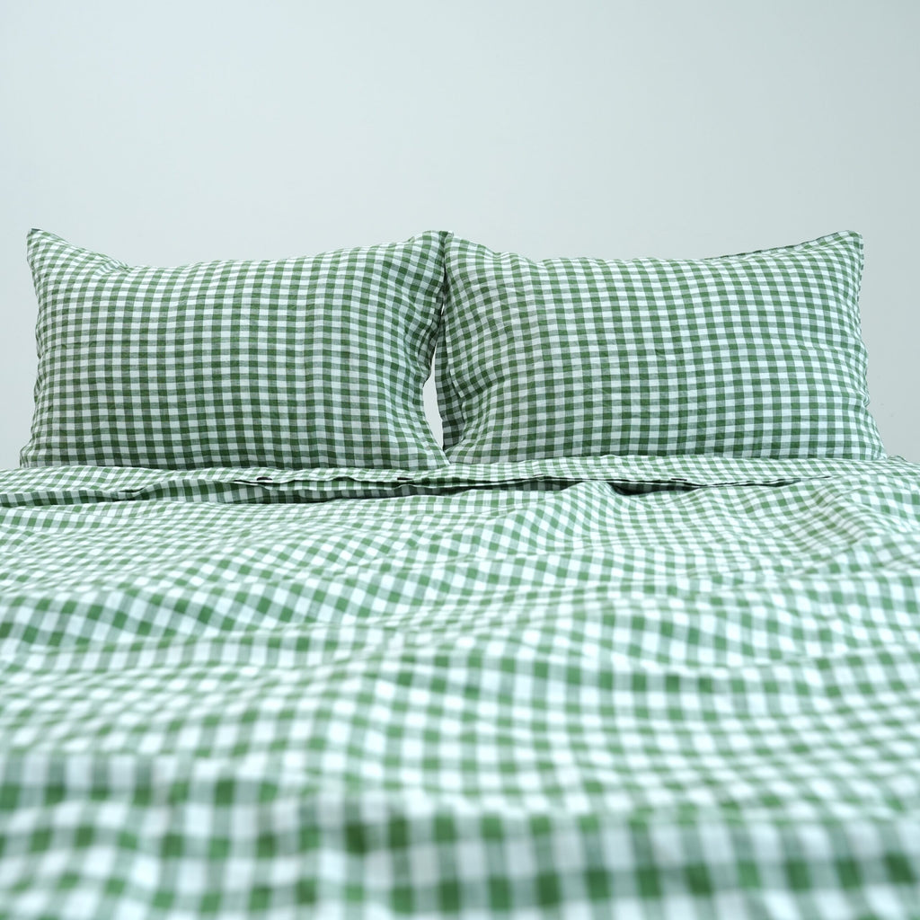 Small Grid Green French Linen Flat Sheet | 100% Linen Flat Sheet