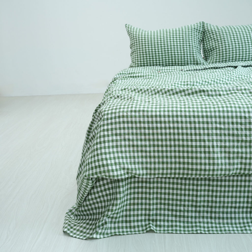 Small Grid Green French Linen Flat Sheet | 100% Linen Flat Sheet
