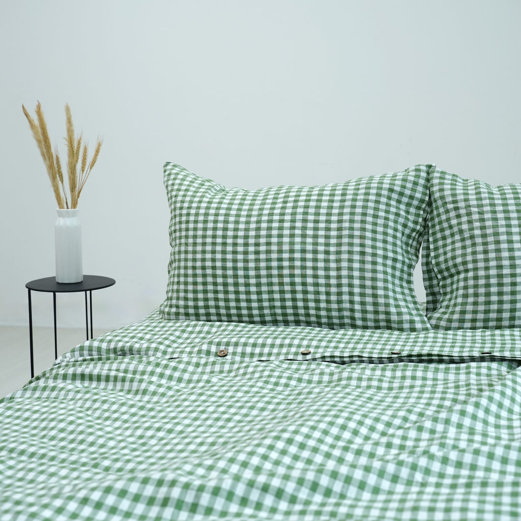 Small Grid Green French Linen Flat Sheet | 100% Linen Flat Sheet